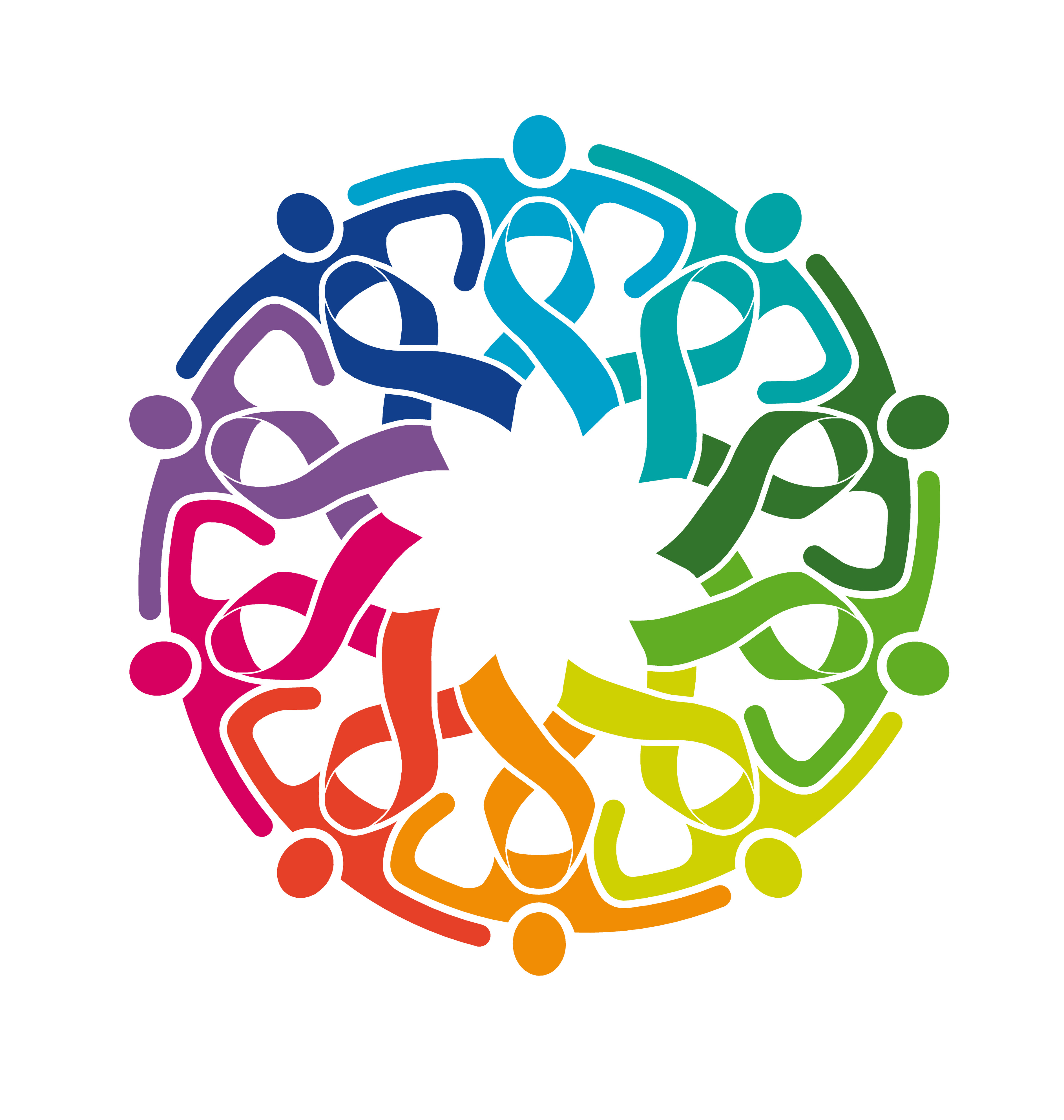 Illustration of many stylized people in bright colors joined hand to hand in a circle, representing a community supporting one another