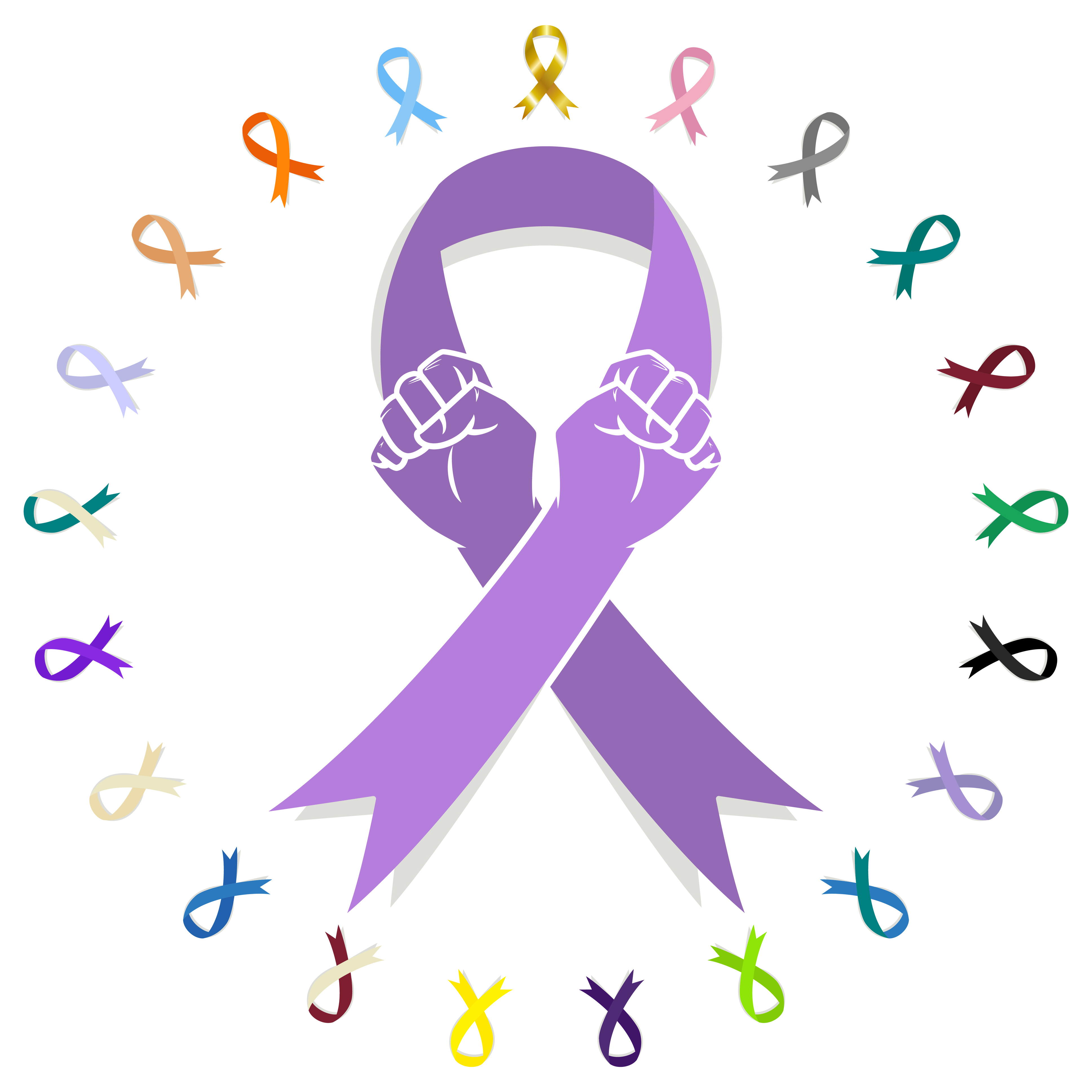 Two hands forming a purple cancer awareness ribbon, encircled by a ring of small ribbons in many colors