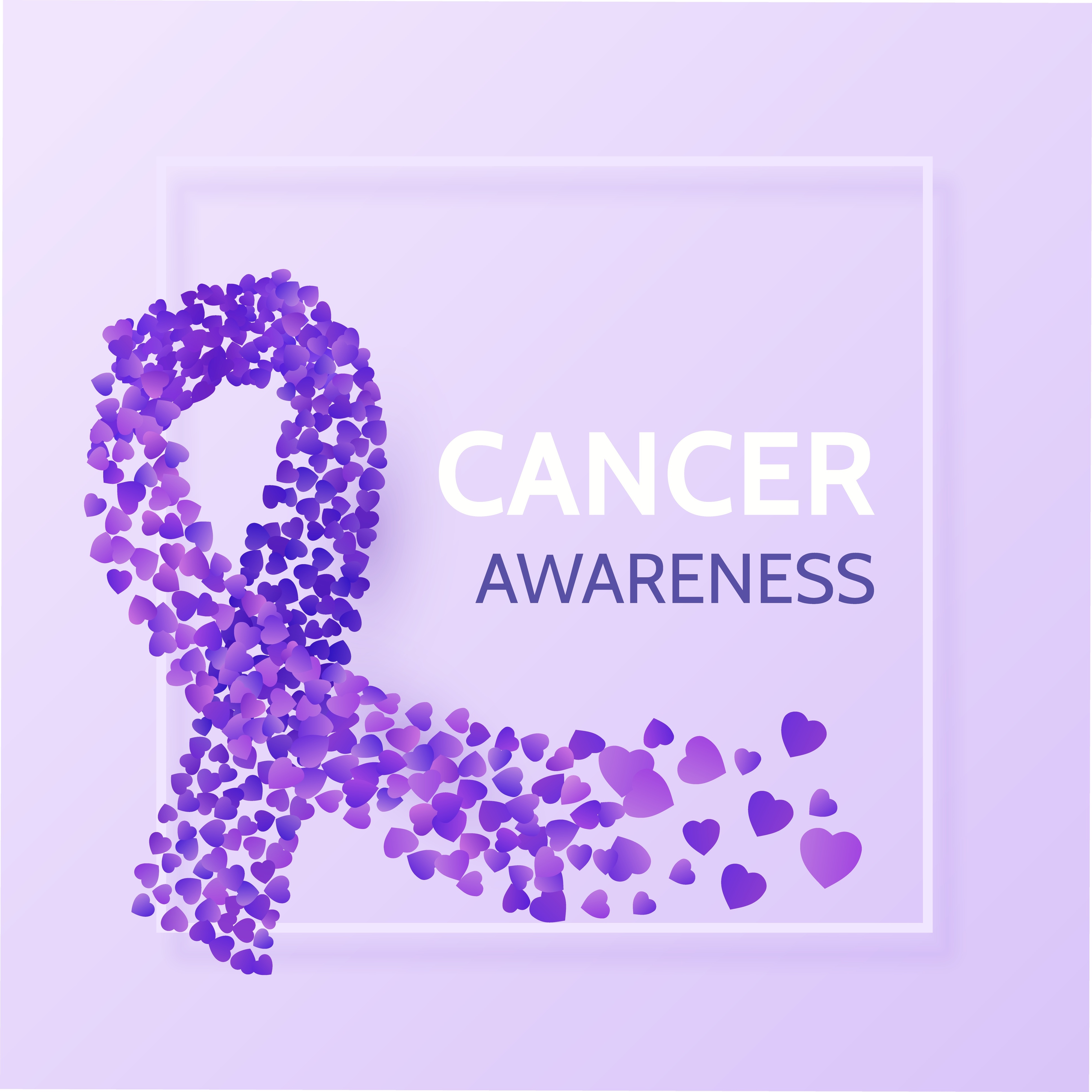 Cancer awareness graphic showing a purple ribbon formed from hundreds of small hearts